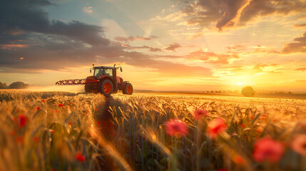 Fototapeta premium irrigation tractor driving spraying or harvesting an agricultural crop at sunset with information infographic data datum as banner design for agriculture industry and food supply production concepts