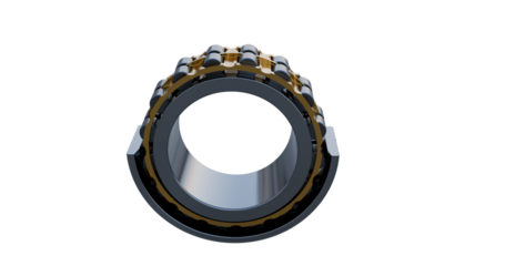 Double row cylindrical roller bearing assembled- sectioned view revealing the brass cage and steel rollers