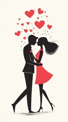 A romantic couple embraces, surrounded by floating hearts on Valentine's Day