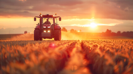 Fototapeta premium irrigation tractor driving spraying or harvesting an agricultural crop at sunset with information infographic data datum as banner design for agriculture industry and food supply production concepts