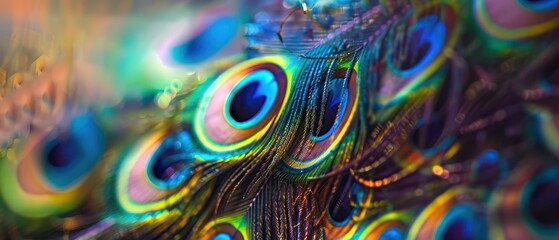 Beautiful texture of peacock feathers close-up. Abstract colorful background of a bird's tail.