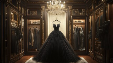 A luxurious walk-in closet with a black ball gown hanging on a hanger in the center.