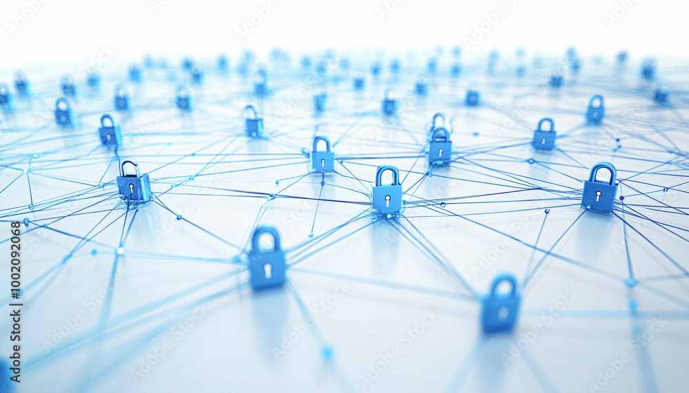 Poster network security concept showing several padlocks interconnected on a blue background