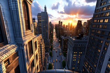 Interactive 3D digital sunrise over a city, with buildings, streets, and sunlight fully animated to create a lifelike urban environment at dawn