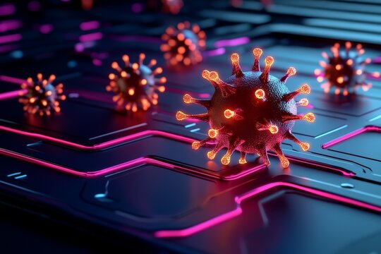Interactive 3D digital representation of a malware infection, with glowing viruses spreading through data nodes and security firewalls in a fully modeled cyber landscape