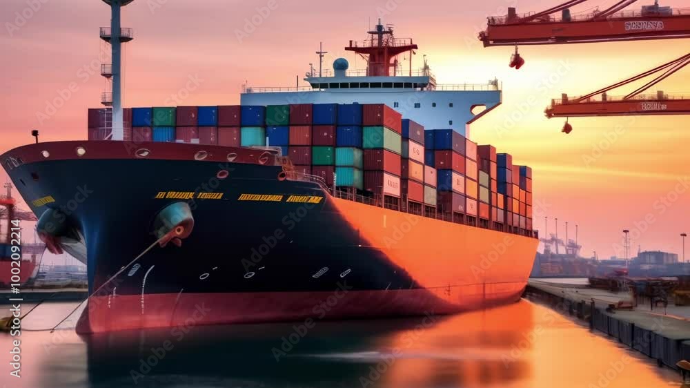 Poster container ship rests at a busy port during sunset, showcasing global trade and logistics. the vibran
