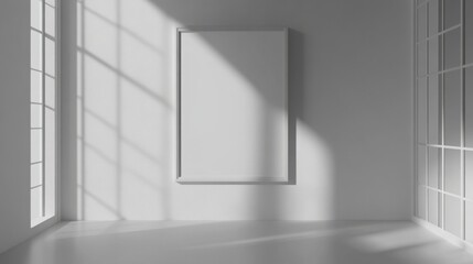 Mock up frame in a minimalist empty room with clean white walls, 3D render 
