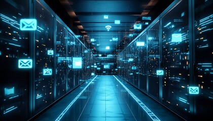 Fototapeta premium Futuristic digital corridor with glowing lights, symbolizing tech innovation.