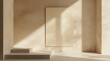 Fototapeta premium Mock up frame in a minimalist empty room with light taupe walls, no furniture, 3D render 