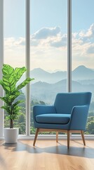 A modern, minimalist room featuring a stylish blue armchair and a green indoor plant set against a large floor-to-ceiling window.