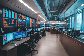 Obraz premium A Trading Floor with Long Desks and Multiple Monitors: Enhancing Trader Performance and Collaboration