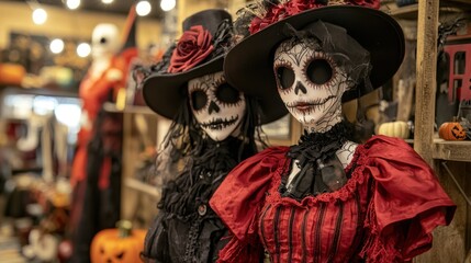 Fototapeta premium A close-up of a Halloween shopping studio display featuring unique, handmade costumes and accessories available for purchase