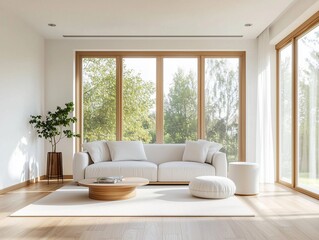 Minimalist living room with white sofa, wooden coffee table, and large windows with garden view.