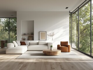 Modern living room with large glass windows, white sofa, and brown armchair in a nature setting.