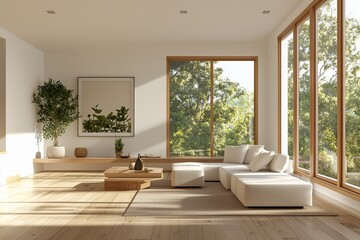  A bright and airy living room featuring a white sectional sofa, a low wooden coffee table, and large windows with wooden frames overlooking lush green trees.