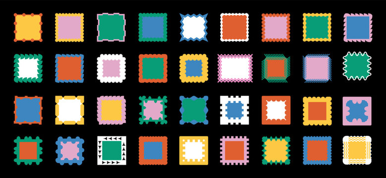 Set frames vector. Geometric frames, art deco style for wedding. Brutalism colorful Y2K shapes. Brutal Abstract Geometric Shapes Set. Y2k Brutalist Fashion Stickers Collection. Vector Illustration