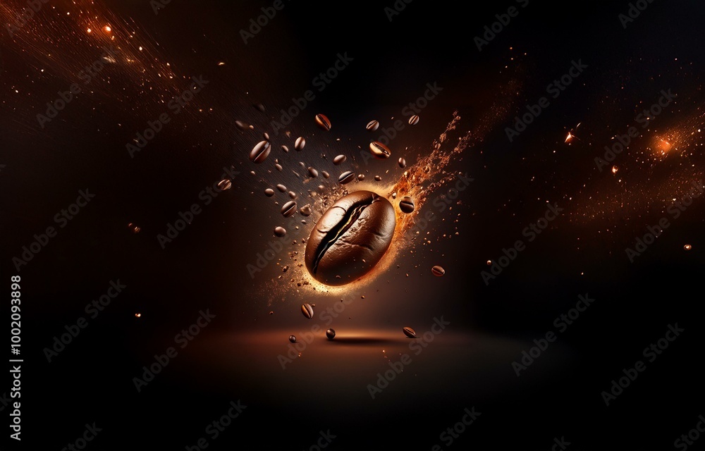 Poster a single coffee bean explodes with a burst of light and sparks, scattering smaller beans around it.