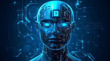 AI humanoid robot in light neon blue on a technology background. Chatbot or AI concept. Artificial intelligence cyborg face with circuit, quantum processor or chip inside a head. Vector illustration