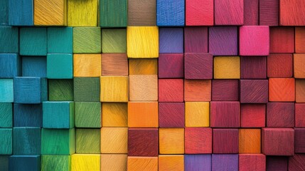 Vibrant multicolored wooden blocks arranged in a grid pattern
