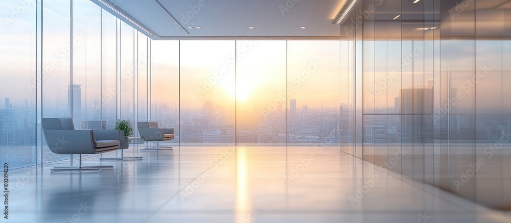 Wall mural Modern office with large windows overlooking cityscape with a sunset view.  Two grey chairs in the foreground with a plant in the middle.