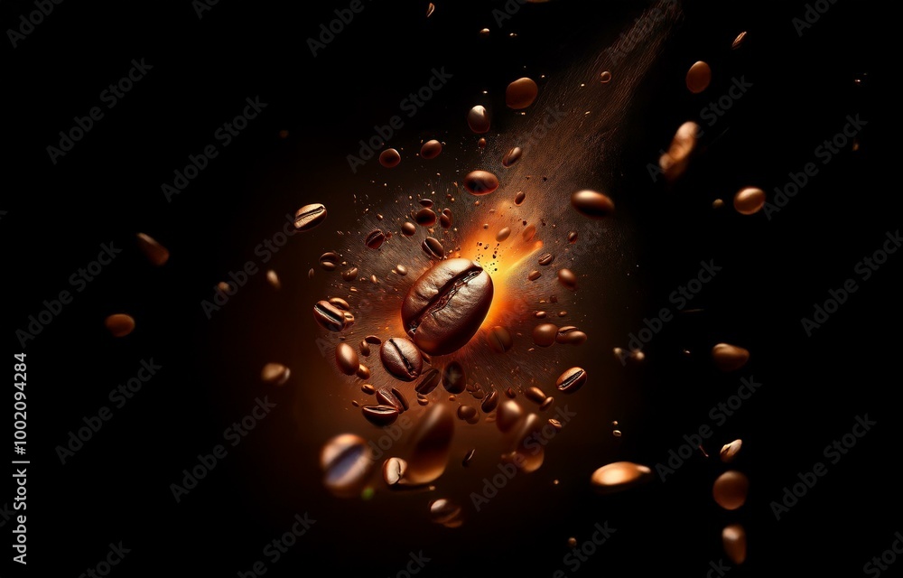 Poster coffee beans exploding outward from a central point on a black background.