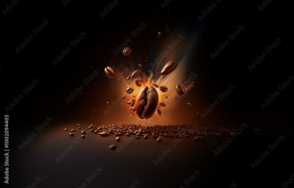 Poster coffee beans exploding from a dark background.