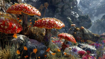 Enchanted Forest Landscape with Red Mushrooms