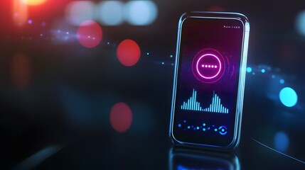 Sleek digital device with glowing screen showing voice assistant interface, hands-free microphone, and sound waves, symbolizing modern technology and convenience