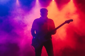 Rock guitarist performing on stage with colorful lights and smoke.