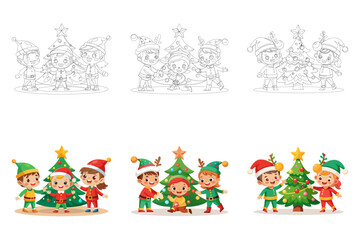 Santa Claus kids cartoon elf helpers vector illustration children elves characters traditional costume.
