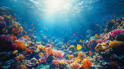 Naklejka premium Vibrant coral reef with colorful fish and sun rays in a tropical ocean.