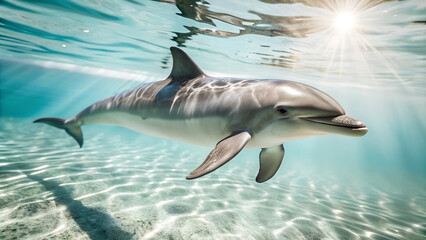 Naklejka premium dolphin under light blue wate