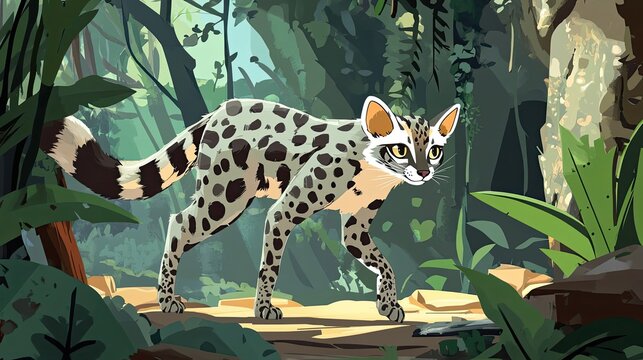 A Rusty-Spotted Cat Strolling Through Lush Jungle Foliage