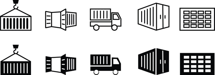 Delivery service container icon set . Containing order tracking, delivery home, transportation, distribution, warehouse, truck, courier and cargo icons. Shipping symbol. Solid template design vector.