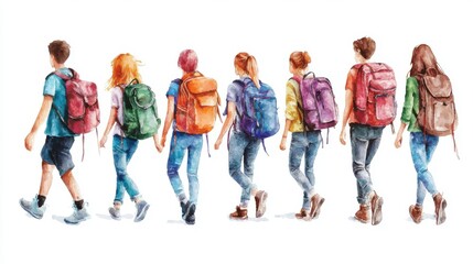 Obraz premium A group of diverse young people walking together, showcasing backpacks and casual fashion in a vibrant outdoor scene.