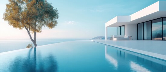 Fototapeta premium Modern white house with infinity pool overlooking ocean.