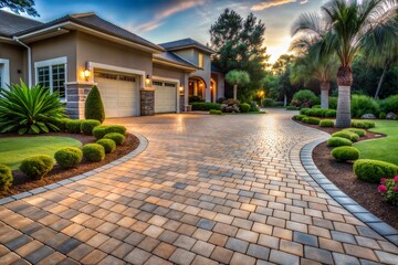 Obraz premium Luxury home with paved driveway and lush landscaping at golden hour