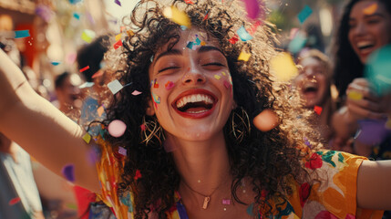 Happy curly haired young woman celebrating with friends at vibrant party, surrounded by colorful confetti and joyful expressions. atmosphere is filled with excitement and laughter