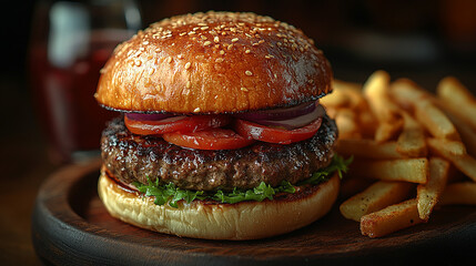 hamburger on a wooden table