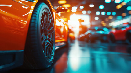 close up view of sleek orange sports cars wheel in auto service shop, showcasing shiny tire and...