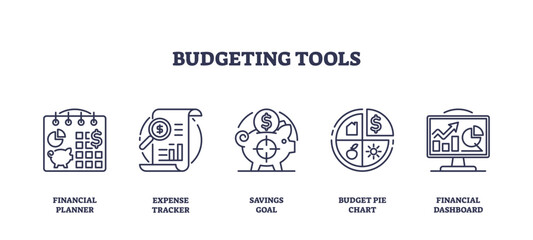 Outline icons set of budgeting tools including financial planner, expense tracker, savings goal, budget pie chart, and financial dashboard, preferably at the end of the sentence.