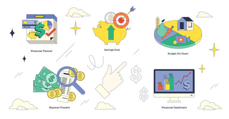 Conceptual illustration of budgeting tools in neubrutalism style collection, featuring financial planner, savings goal, and budget pie chart, transparent background.