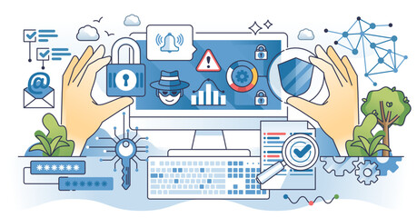 Cybersecurity dictionary and network security terms outline hands concept, transparent background.