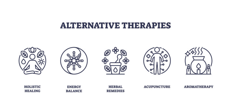 Outline icons set depicting holistic healing, energy balance, herbal remedies, acupuncture, and aromatherapy, representing alternative therapies, transparent background. Outline icons set.