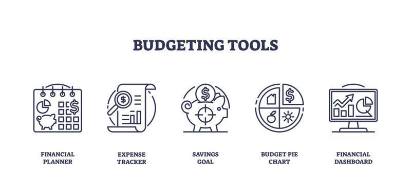 Outline icons set of budgeting tools including financial planner, expense tracker, savings goal, budget pie chart, and financial dashboard, preferably at the end of the sentence.