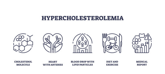 Outline icons set depicting cholesterol molecule, heart with arteries, and blood drop with lipid particles, representing hypercholesterolemia, transparent background. Outline icons set.