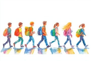 Naklejka premium A vibrant watercolor illustration of children walking in line, each carrying a backpack, symbolizing school life and friendship.