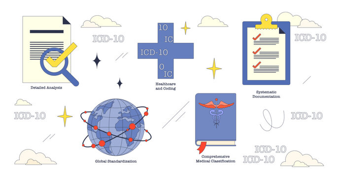 Illustration of ICD-10 codes with global standardization, healthcare coding, and systematic documentation in neubrutalism style collection, transparent background.
