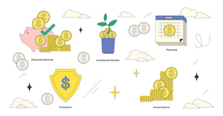 Illustration of savings with piggy bank, plant, and calendar in neubrutalism style collection, transparent background.