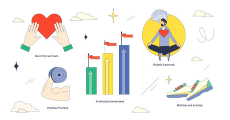 Illustration depicting sports rehabilitation with a focus on recovery, tracking improvement, and holistic approach in neubrutalism style collection, transparent background.